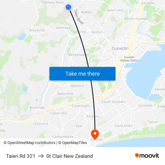 Taieri Rd 321 to St Clair New Zealand map