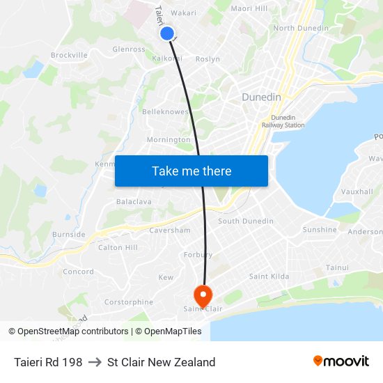 Taieri Rd 198 to St Clair New Zealand map