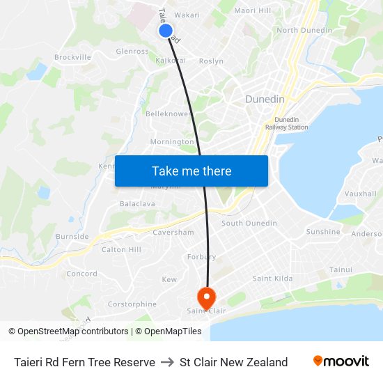 Taieri Rd Fern Tree Reserve to St Clair New Zealand map