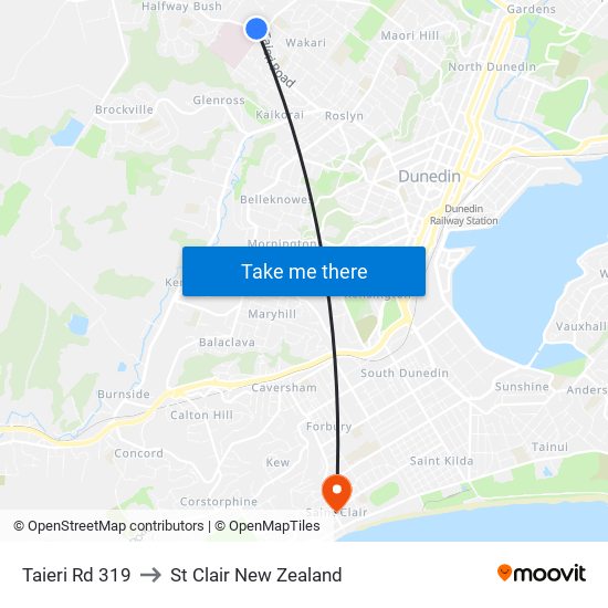 Taieri Rd 319 to St Clair New Zealand map