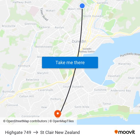 Highgate 749 to St Clair New Zealand map