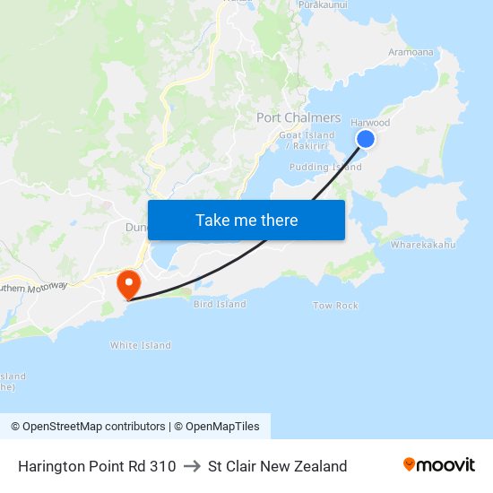 Harington Point Rd 310 to St Clair New Zealand map