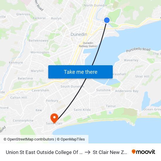 Union St East Outside College Of Education to St Clair New Zealand map