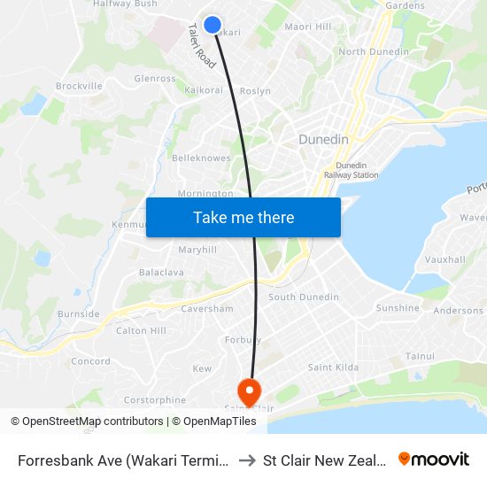 Forresbank Ave (Wakari Terminus) to St Clair New Zealand map