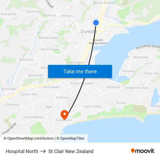 Hospital North to St Clair New Zealand map
