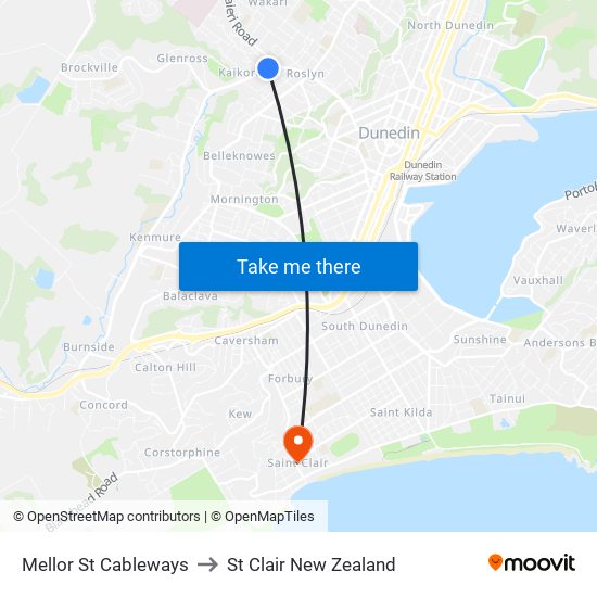 Mellor St Cableways to St Clair New Zealand map