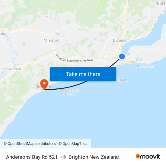 Andersons Bay Rd 521 to Brighton New Zealand map