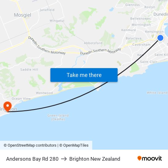 Andersons Bay Rd 280 to Brighton New Zealand map