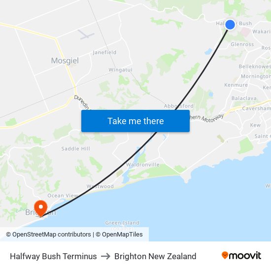 Halfway Bush Terminus to Brighton New Zealand map