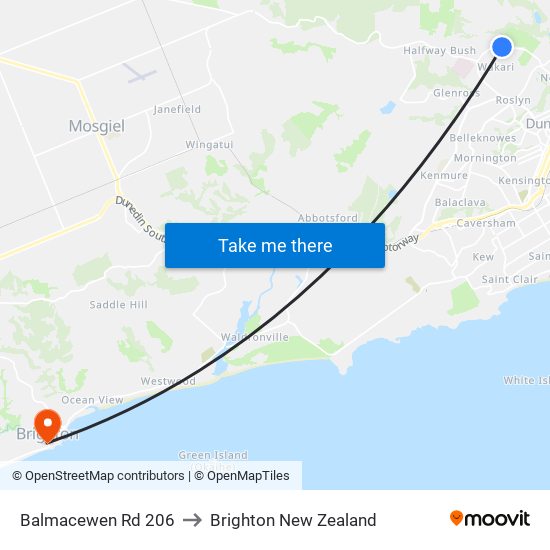 Balmacewen Rd 206 to Brighton New Zealand map