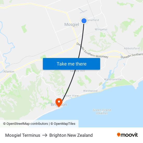 Mosgiel Terminus to Brighton New Zealand map
