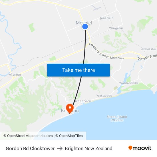 Gordon Rd Clocktower to Brighton New Zealand map