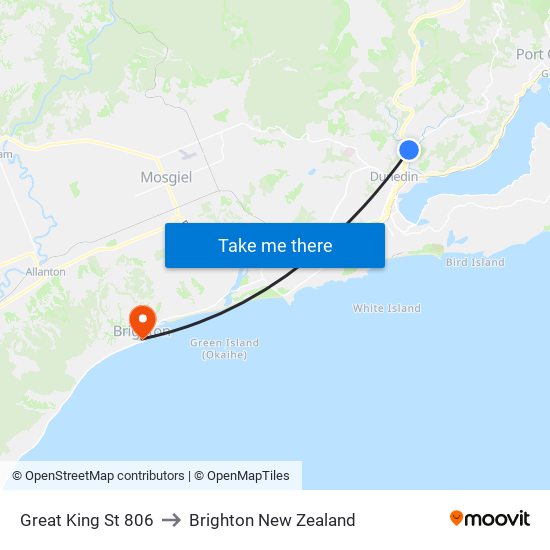Great King St 806 to Brighton New Zealand map