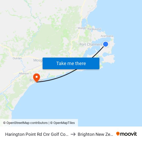 Harington Point Rd Cnr Golf Course Rd to Brighton New Zealand map