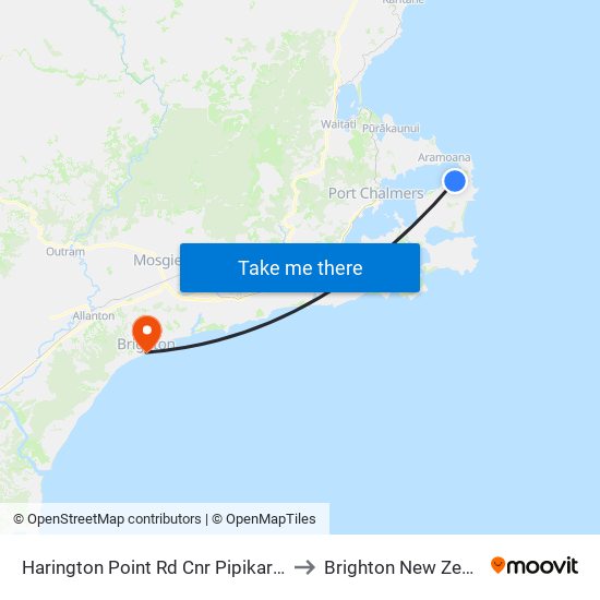 Harington Point Rd Cnr Pipikaretu Rd to Brighton New Zealand map