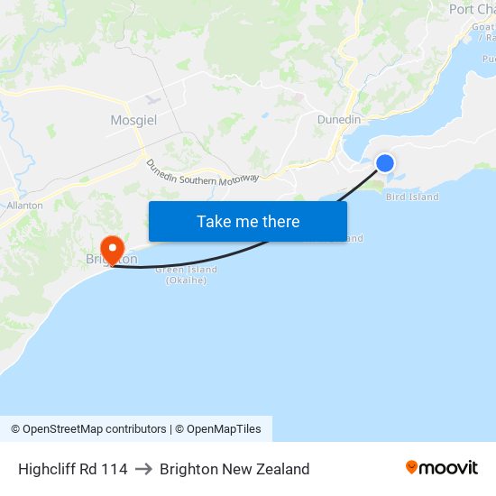 Highcliff Rd 114 to Brighton New Zealand map