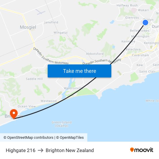 Highgate 216 to Brighton New Zealand map