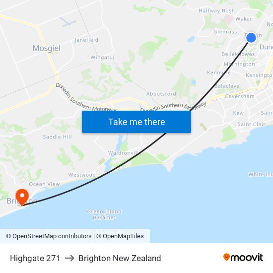 Highgate 271 to Brighton New Zealand map