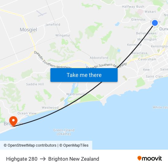Highgate 280 to Brighton New Zealand map
