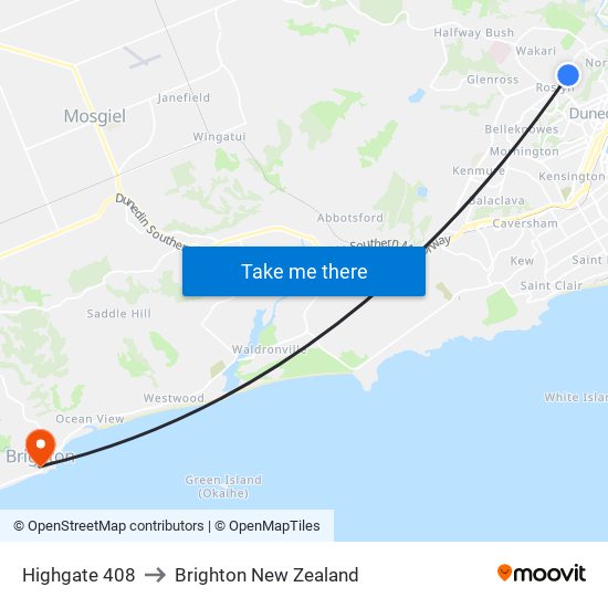 Highgate 408 to Brighton New Zealand map