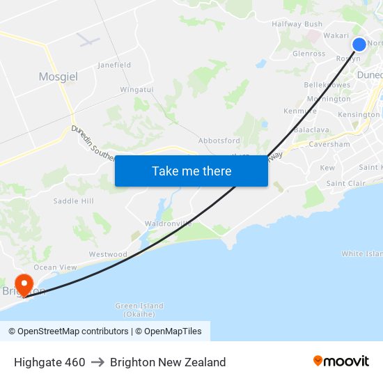 Highgate 460 to Brighton New Zealand map