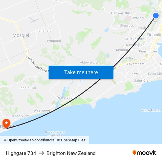 Highgate 734 to Brighton New Zealand map