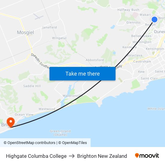 Highgate Columba College to Brighton New Zealand map