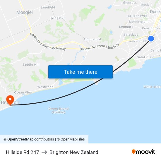 Hillside Rd 247 to Brighton New Zealand map