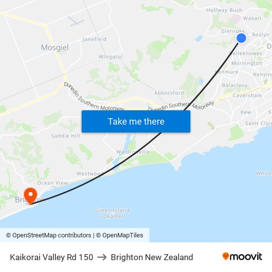 Kaikorai Valley Rd 150 to Brighton New Zealand map