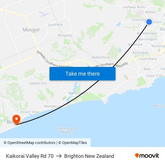 Kaikorai Valley Rd 70 to Brighton New Zealand map