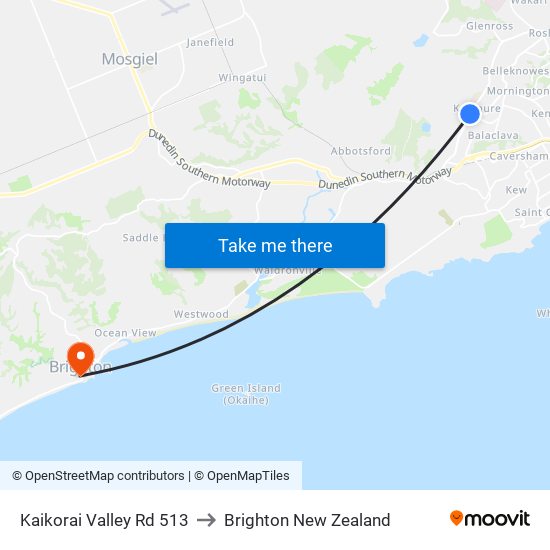 Kaikorai Valley Rd 513 to Brighton New Zealand map