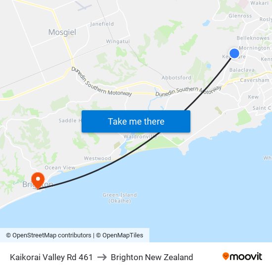 Kaikorai Valley Rd 461 to Brighton New Zealand map