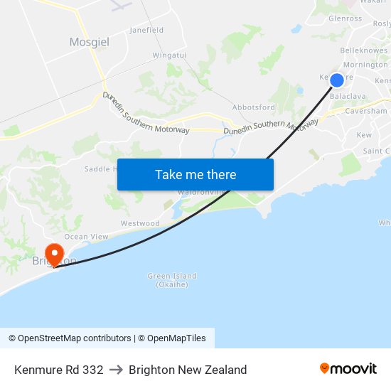 Kenmure Rd 332 to Brighton New Zealand map