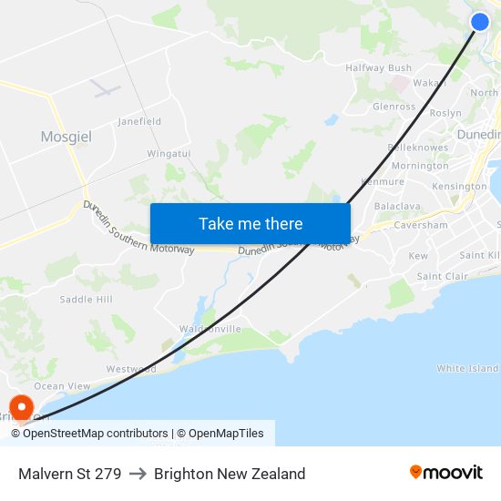 Malvern St 279 to Brighton New Zealand map