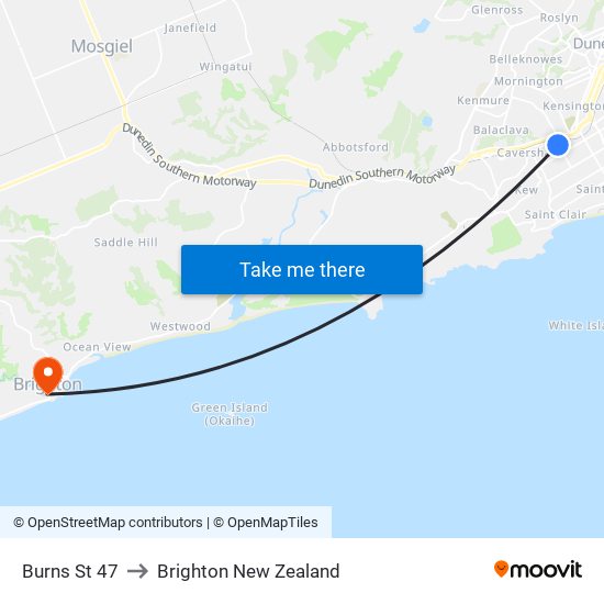 Burns St 47 to Brighton New Zealand map
