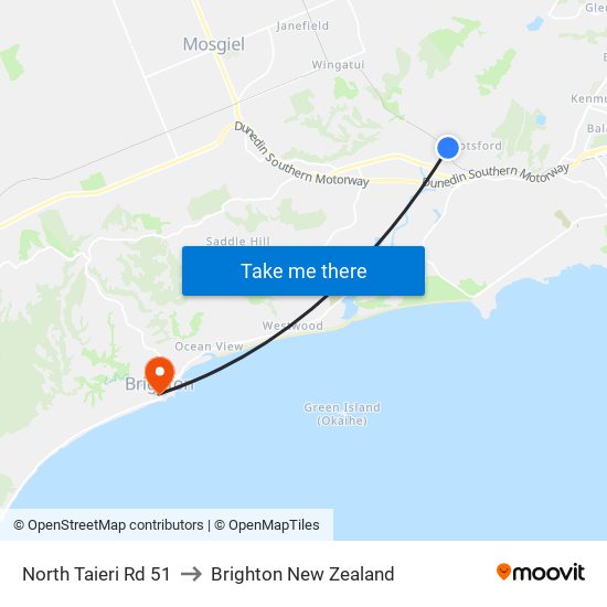 North Taieri Rd 51 to Brighton New Zealand map
