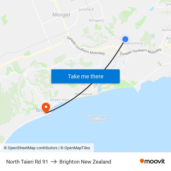 North Taieri Rd 91 to Brighton New Zealand map