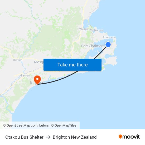 Otakou Bus Shelter to Brighton New Zealand map