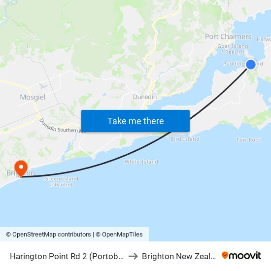 Harington Point Rd 2 (Portobello) to Brighton New Zealand map