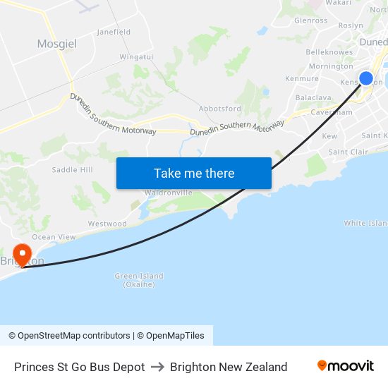 Princes St Go Bus Depot to Brighton New Zealand map