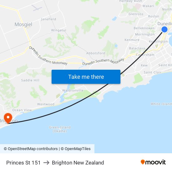 Princes St 151 to Brighton New Zealand map