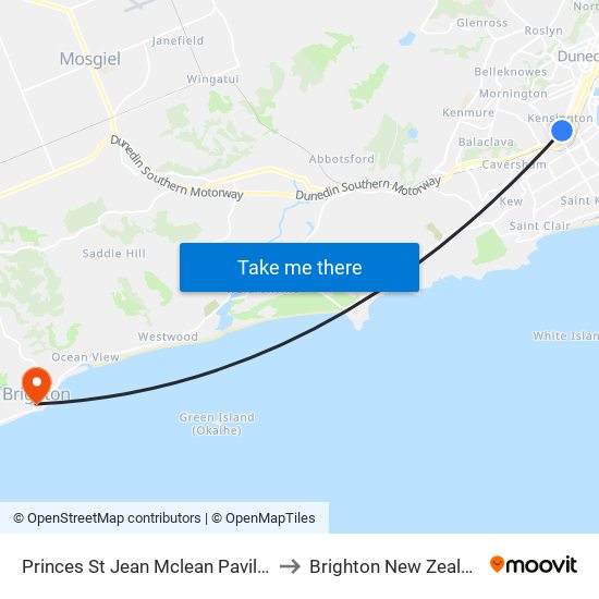 Princes St Jean Mclean Pavillion to Brighton New Zealand map