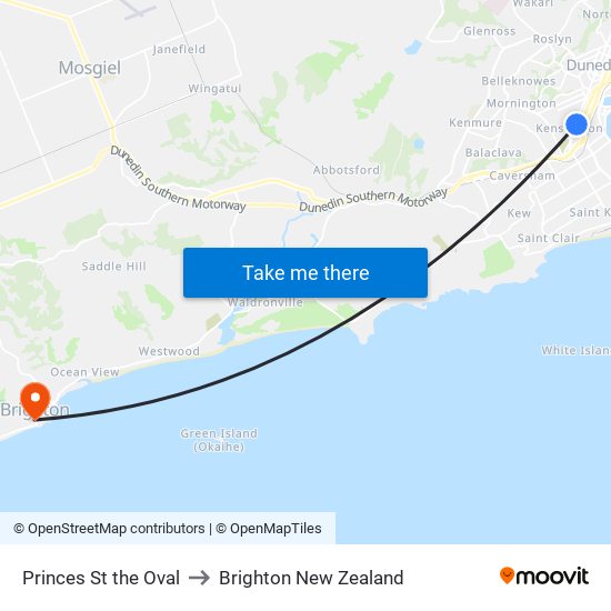 Princes St the Oval to Brighton New Zealand map