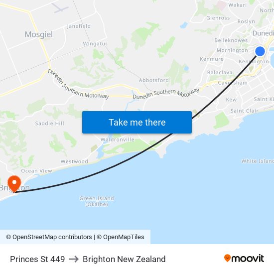 Princes St 449 to Brighton New Zealand map