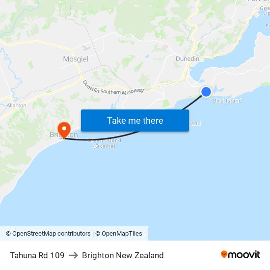 Tahuna Rd 109 to Brighton New Zealand map