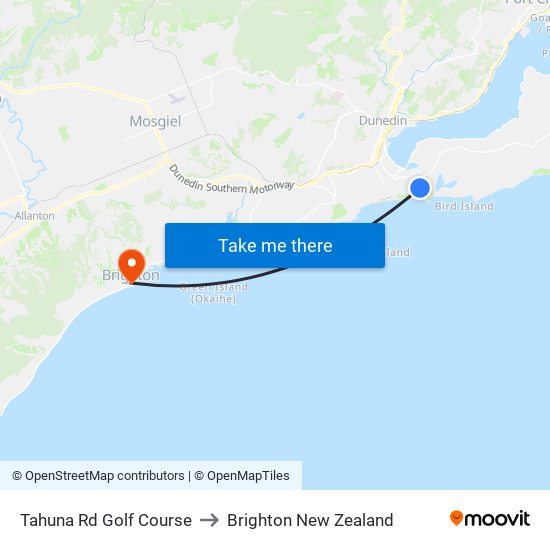 Tahuna Rd Golf Course to Brighton New Zealand map