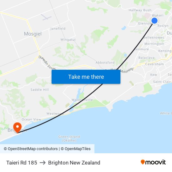 Taieri Rd 185 to Brighton New Zealand map