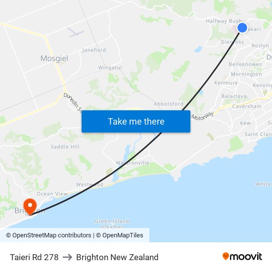 Taieri Rd 278 to Brighton New Zealand map