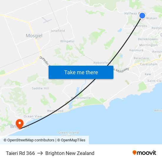 Taieri Rd 366 to Brighton New Zealand map