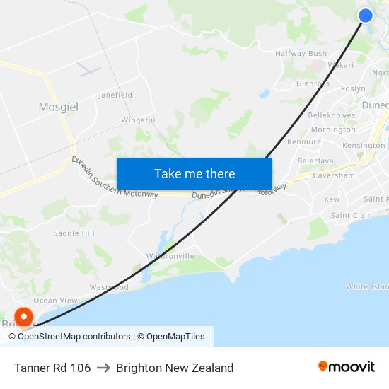 Tanner Rd 106 to Brighton New Zealand map
